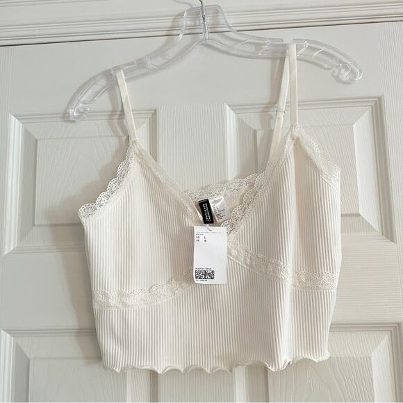 H&M Divided Cream Lace Crop top Ribbed Spaghetti Straps Shirt 90s Y2k NWT Large - Picture 2 of 15